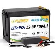 12V 300Ah LiFePO4 Battery with Charger,FLLYROWER for Off-Grid, RV, Solar, Motorhome and Boats,Camping,15000+ Deep Cycles,3840Wh,200A BMS Rechargeable Lithium Battery