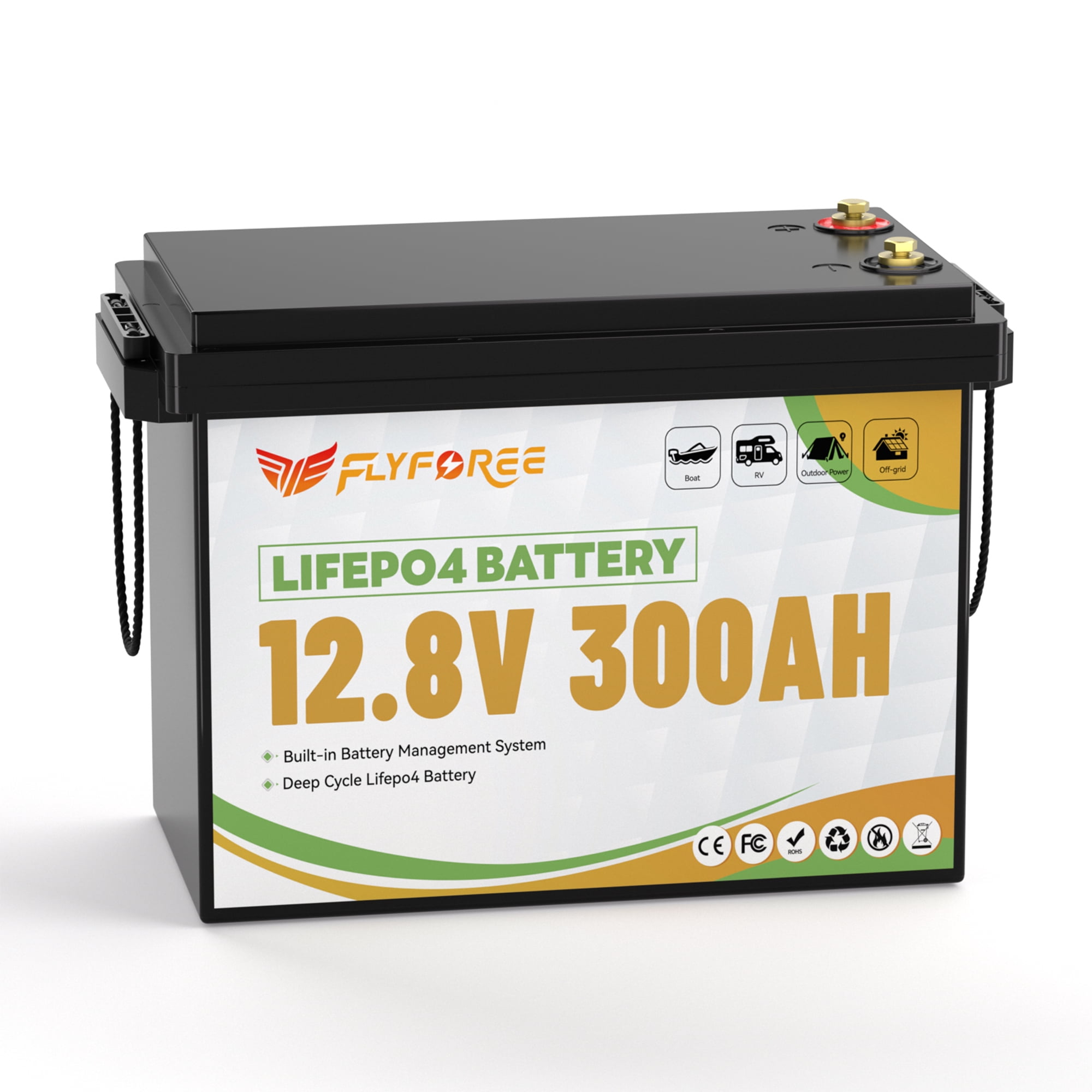 12V 300Ah LiFePO4 Battery with Charger,for RV,Solar,Motorhome and Boat,Golf Cart,Camping,Marine,15000+ Deep Cycles,200A BMS FLLYROWER Lithium Battery