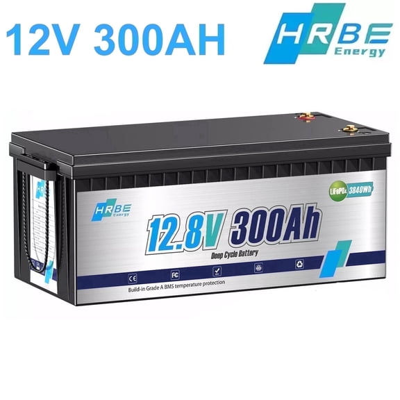 12V 300Ah LiFePO4 Lithium Battery,for RV Marine,Solar,Trolling Motor,Golf Carts,Motorhome,Camper,Home Energy Storage,Built in 200A BMS,HRBEENERGY 15000+Deep Cycles