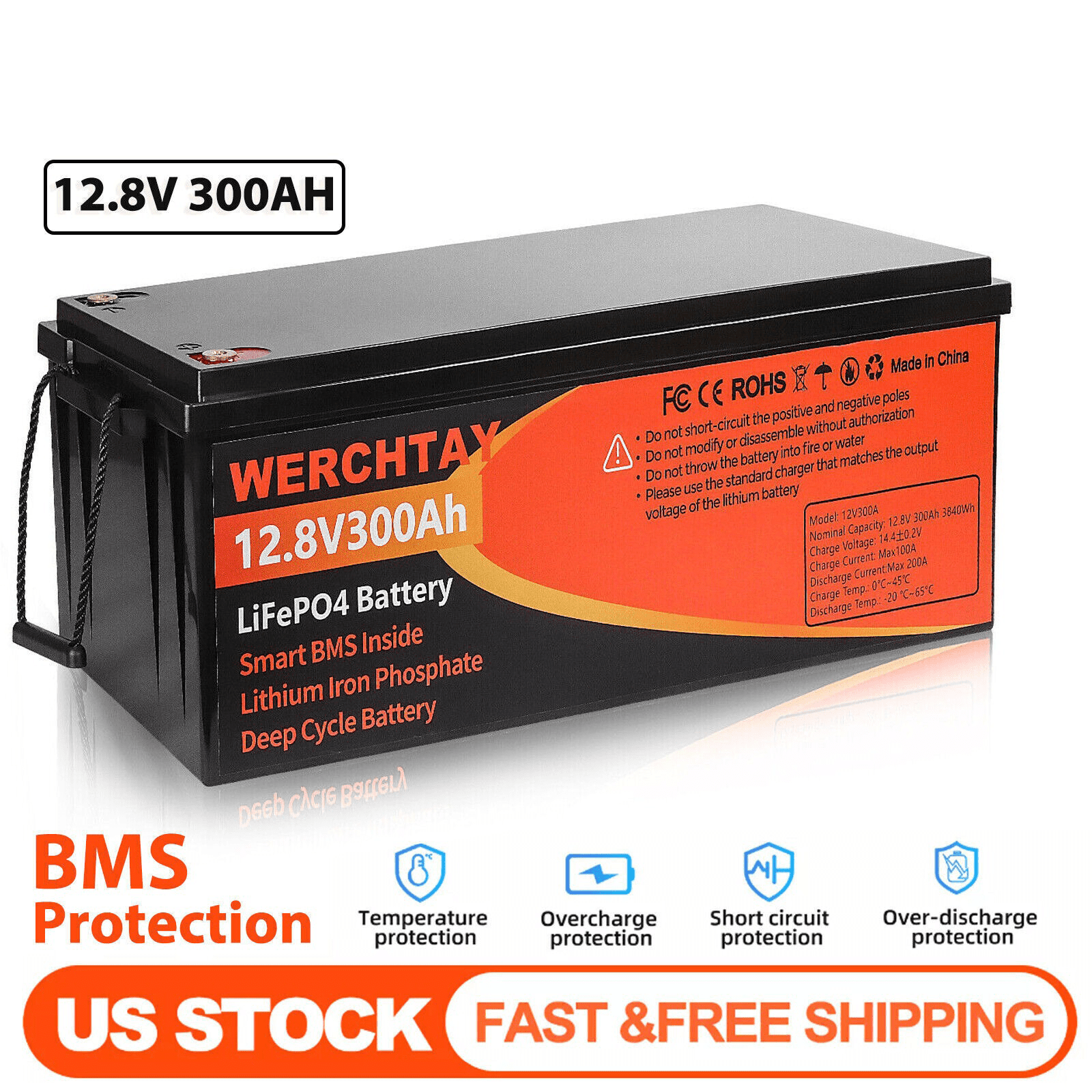 12V 300Ah LiFePO4 Lithium Battery BMS Deep Cycle for RV Solar Boat Off-Grid