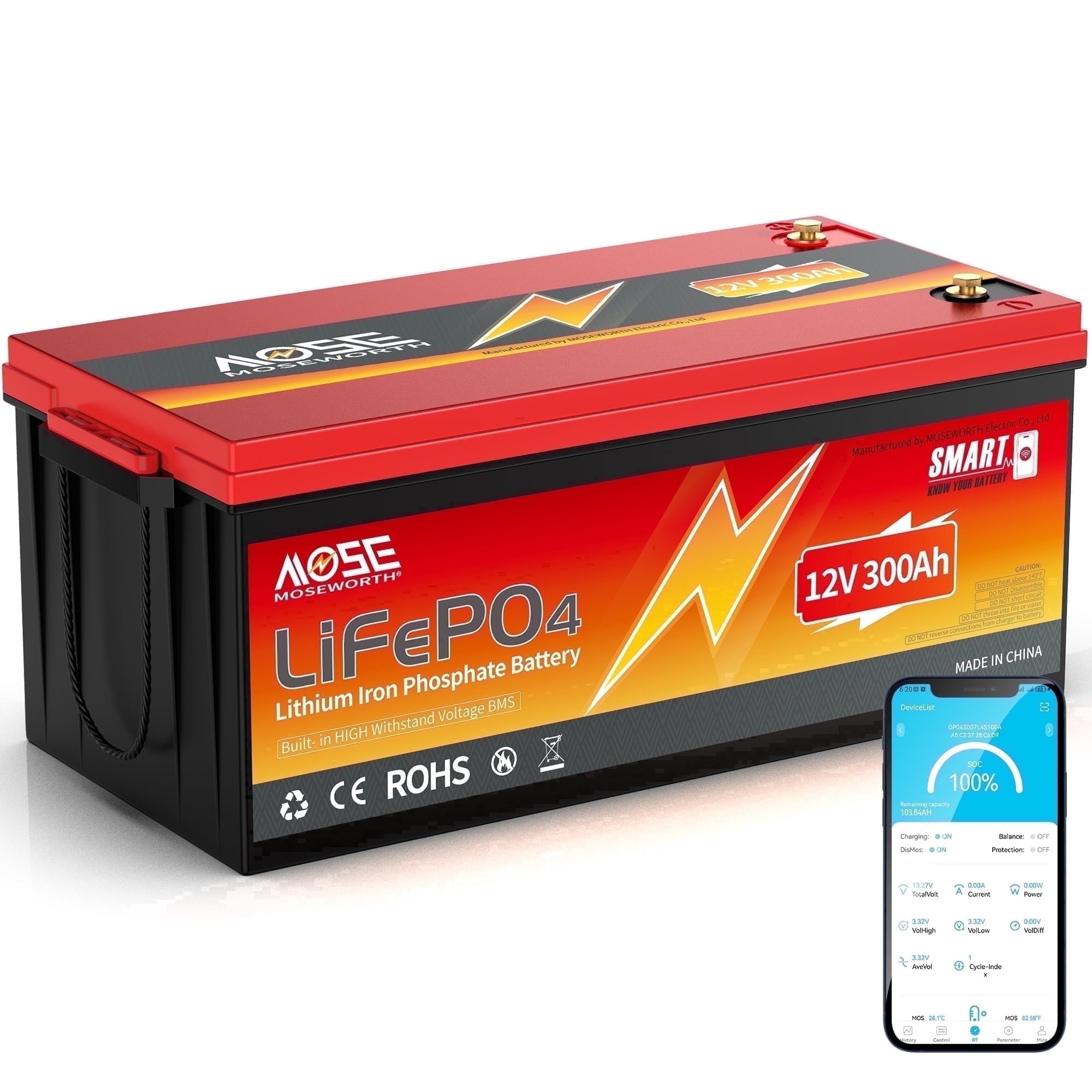 12V 300Ah LiFePO4 Lithium Battery Bluetooth,MOSEWORTH for RV,Solar,Trolling Motor,Caming,Marine,Solar,Built in 200A BMS,Low Temp Cut off