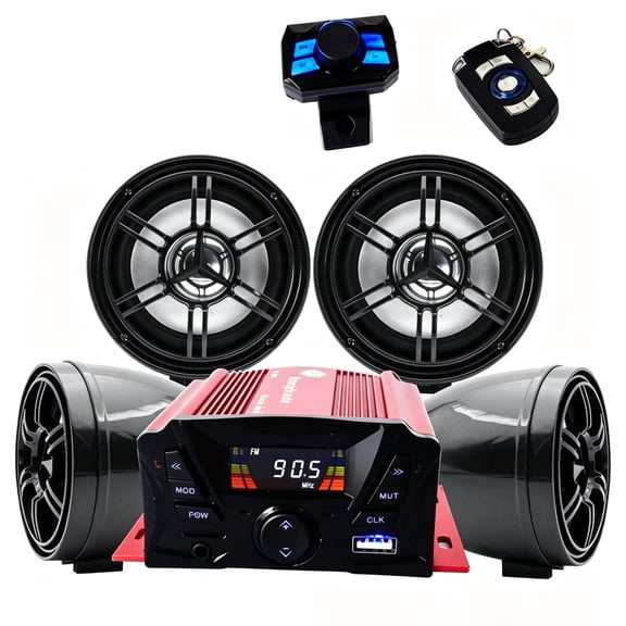 12V 4-Channel Motorcycle Audio System with Anti-Theft Alarm Function, Wireless Stereo Amplifier System, Support USB, SD Card, FM Radio & AUX Input, Compatible with UTV, ATV