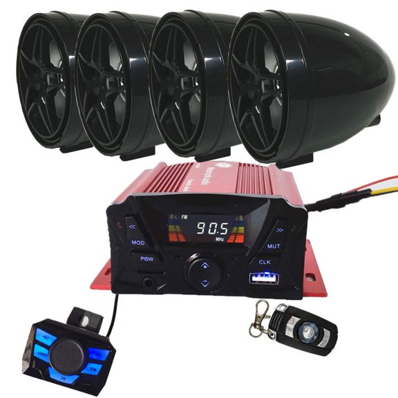 12V 4-Channel Waterproof Bluetooth Speaker for UTVs, ATVs, Golf Carts, and Motorcycles; MP3 Music Player; Audio System; Stereo Amplifier; AUX, USB, SD, and FM Radio; Motorcycle Speakers