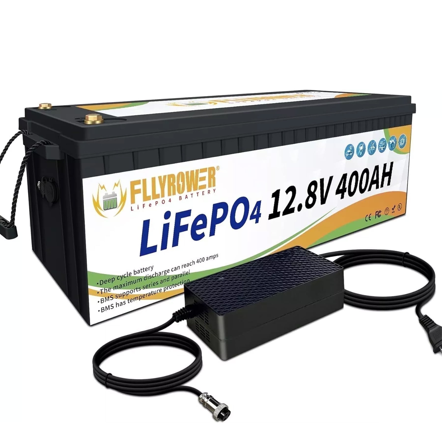 12V 400Ah Golf Carts LiFePO4 Battery with Charger,Built in 200A BMS,FLLYROWER for RV,Marine,Trolling Motor,Solar System,16000+ Deep Cycles & 10 Years Lifetime