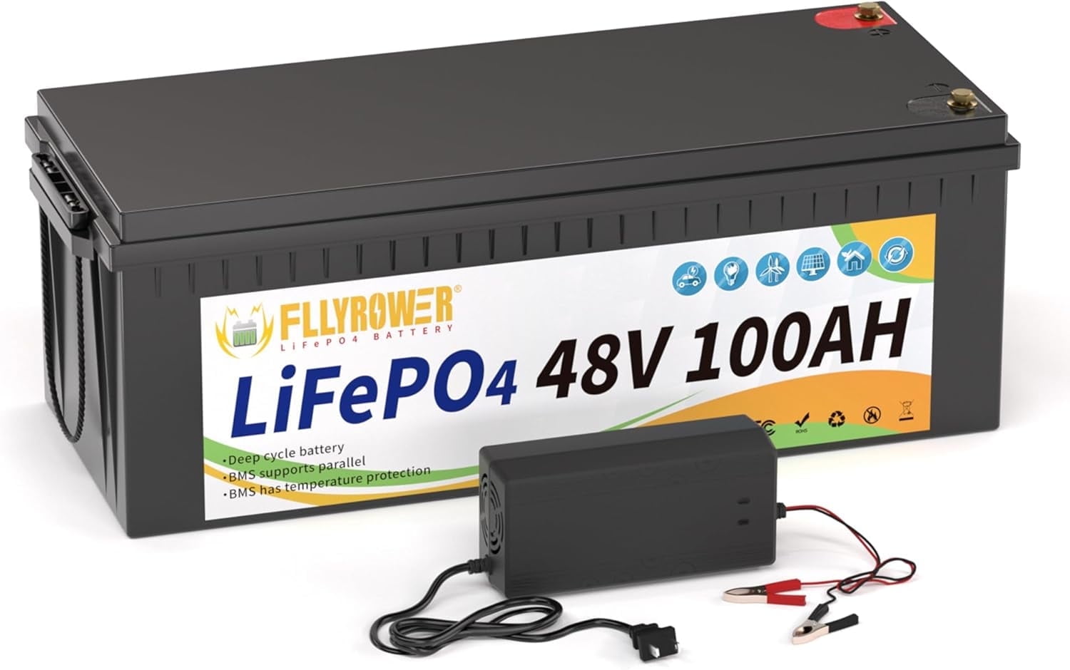 12V 400Ah Golf Carts LiFePO4 Battery with Charger,Built in 200A BMS,FLLYROWER for RV,Marine,Trolling Motor,Solar System,16000+ Deep Cycles & 10 Years Lifetime