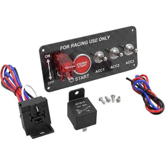 12V 5-in-1 Ignition Switch Panel Kit with Red LED Engine Push Start Button & 3 Acc Toggles Carbon Fiber 30A Relay for Racing Car RV Boat