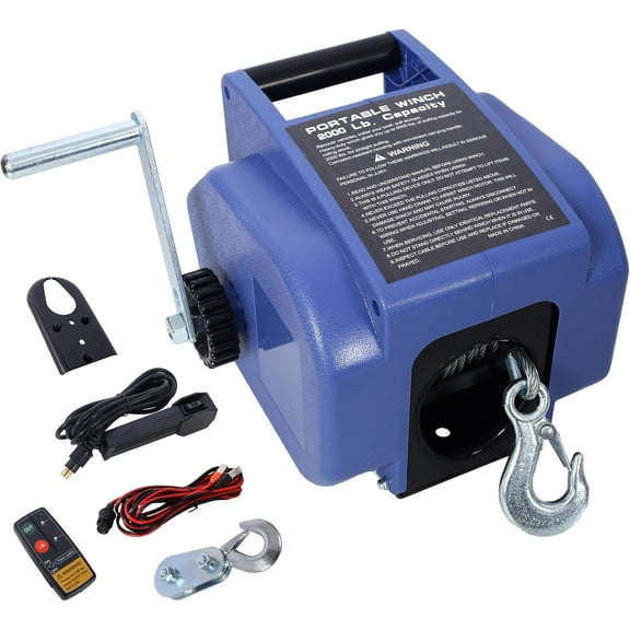 12V 5000 lb Load Capacity Portable Winch, Reversible Electric Winch for Towing ATV/UTV with Wireless Remote Control, Galvanized Wire Rope, Rapid Mount, Extra Pulley Hook, Waterproof, Blue