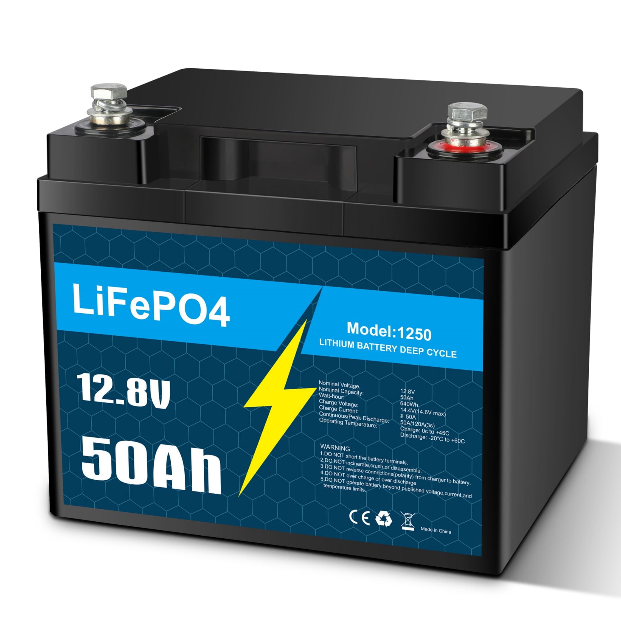 12V 50Ah LiFePO4 Lithium Battery with 50A BMS for RV, Solar, Trolling Motor