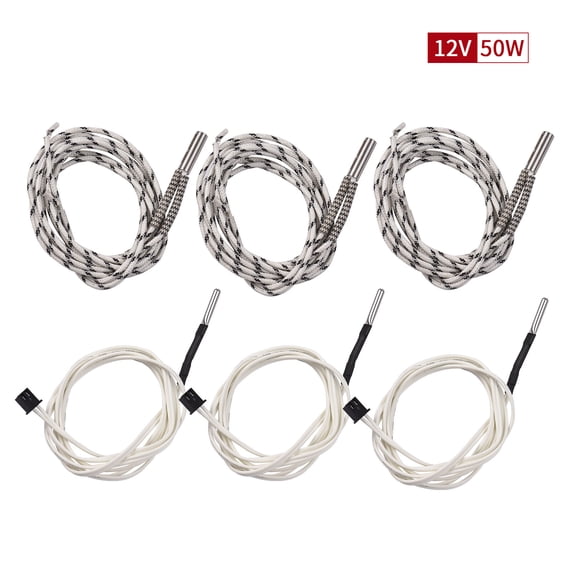 12V 50W 3D Printer Upgraded Heater 3PCS Cartridge Heating Tube Stainless Steel Hot Rod 1M 6*20mm with 3pcs 1M Thermistor Sensor
