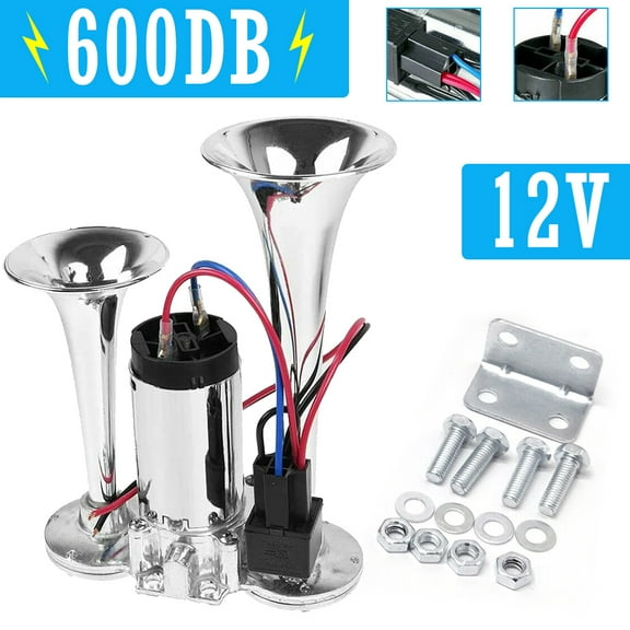 12V 600db Car Air Horn, Super Loud Dual Trumpet Air Horn Kit for 12V Vehicles Trucks Lorrys Trains Boats Cars