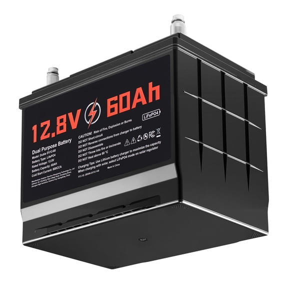 12V 60Ah Dual Purpose LiFePO4 Lithium Battery 800 CCA Group 24 Lithium Ion Starter Deep Cycle Smart BMS for Car Start Stop Trolling Motor Engine