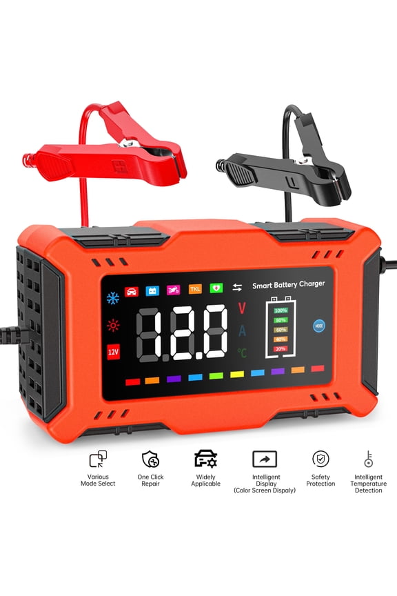 12V/6A Car Battery Charger, Automotive Battery Trickle Charger, Smart Battery Maintainer with Color and Touch Screen Display and Temperature Compensation for Car Lawn Mower Marine Lead Acid Batteries