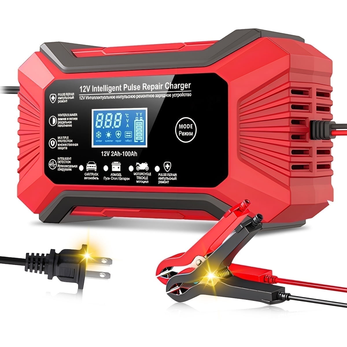 12V 6A Smart Battery Charger and Maintainer with LCD Display, Pulse Repair for Lead Acid Batteries, Temperature Compensation, for Cars, Trucks, Motorcycles, Lawn Mowers, Boats