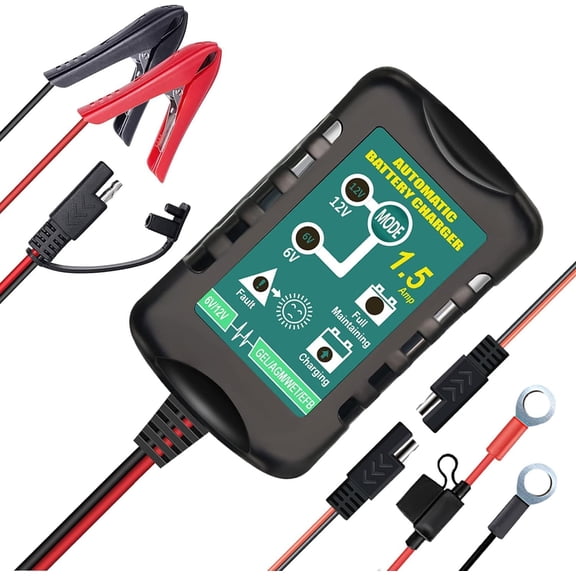 12V / 6V Battery Trickle Charger Maintainer, 1.5A Automatic Smart Float for Motorcycle Lawn Mower Car Boat Tractor ATV, SLA VRLA Gel Cell AGM Lead Acid Batteries