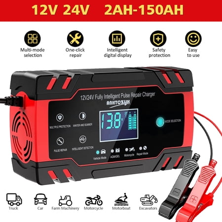 12V/8A 24V/4A Automatic Car Battery Charger AC DC, Trickle Battery Charger Maintainer with LCD Display Pulse Repair Charger Pack for Car, Automotive, Vehicle, Motorcycle
