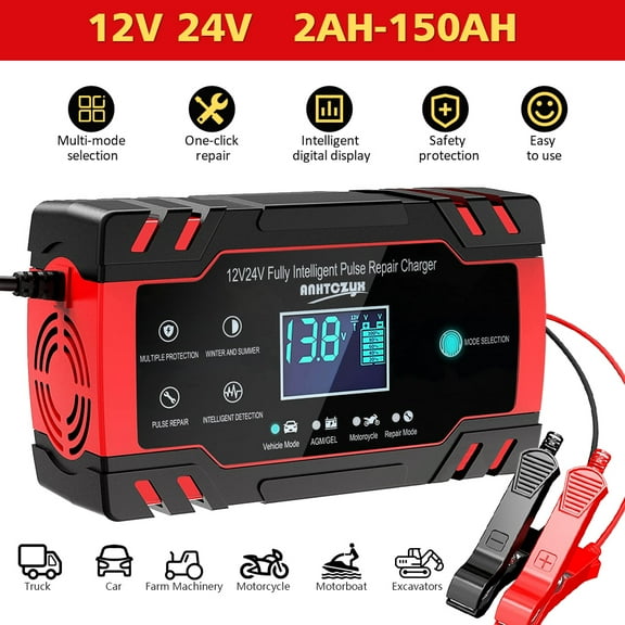 12V/8A 24V/4A Automatic Car Battery Charger AC DC, Trickle Battery Charger Maintainer with LCD Display Pulse Repair Charger Pack for Car, Automotive, Vehicle, Motorcycle
