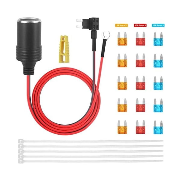 12V Add-a-Circuit Tap Adapter for Car Cigarette Lighter Socket, 1m 18AWG Cable with Fuse Holder Mini ATM/APM Blade Fuses