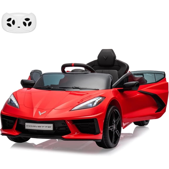 12V Battery-Powered Ride-On Sports Car, Licensed Corvette Electric Vehicle with Remote Control, Visual Dashboard, Music, LED Lights, Red