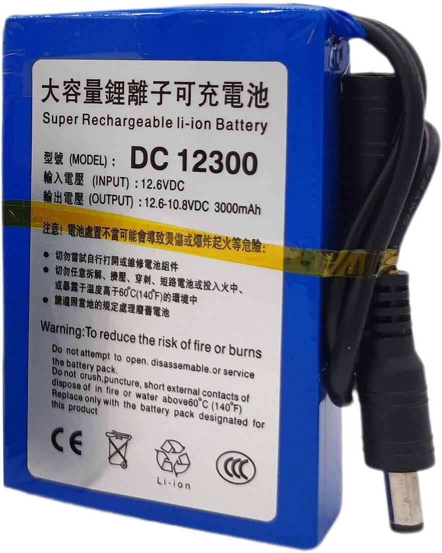 12V Battery Rechargeable Pack with Charger Battery DC12300 3000mAh for ...