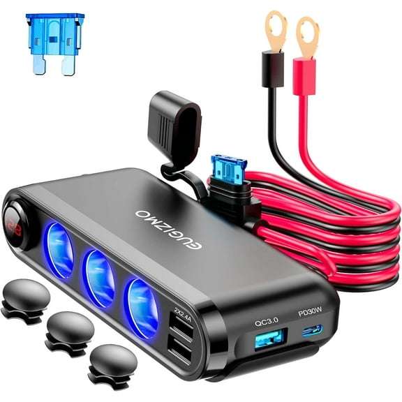 12V Car Cigarette Lighter Socket, 200W 3 Socke t Cigarette Lighter Plug Splitter Car Charger Adapter 12 Volt Socket Power Outlet Auxiliary with Eyelet Terminal (Red)