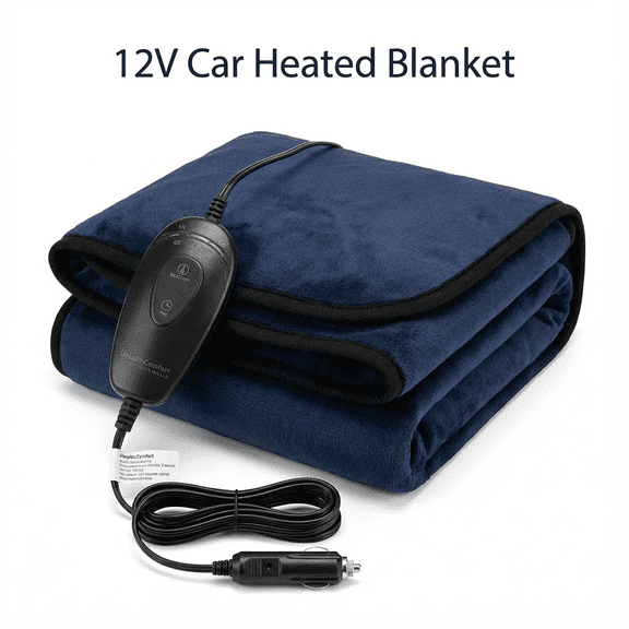 12V Car Heated Blanket with Smart Timer & 3 Heat Settings - Reversible Navy Blue & Dark Grey Electric Flannel Throw - Washable, 72" Long Cord, 55"x39" Large Size for Winter Travel, SUV, RV