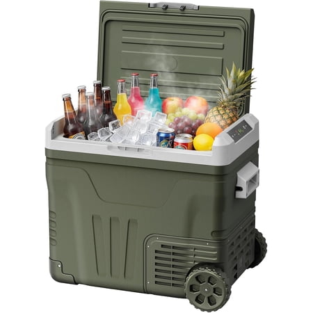 12V Car Refrigerator with Wheels & Handle - 53QT(50L) Electric Car Fridge Cooler -4?~68?,12/24V DC & 110-240V AC Fast Cooling Portable Freezer for Camping Travel Outdoor Truck RV SUV,Green