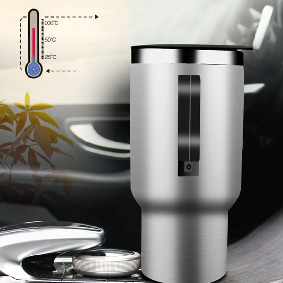 12V Car Thermos Cup 450ml Stainless Steel Electric Kettle Heating Coffee Mug Insulated Water Bottle for Travel Vehicles (6.3 inches / 16.0 cm)