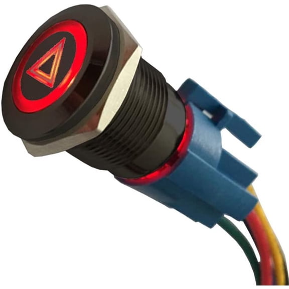 12V Car Vehicle Red LED Light Hazard Emergency Warning Push Button Metal Toggle Switch Socket Plug Wire Latching 19mm Balck Shell