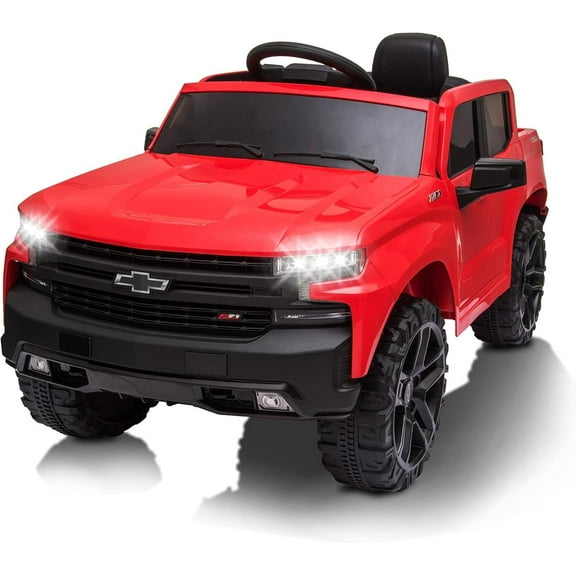 12V Chevrolet Silverado Ride-On Truck, Licensed Utility Electric Vehicle with Remote Control, LED Lights, MP3/Wireless, 4-Wheel Suspension, Battery Powered Outdoor Toy with Storage, for Ages 3-8,Red