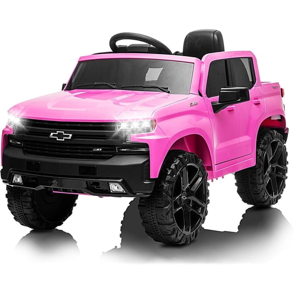 12V Chevrolet Silverado Ride-On Truck, Licensed Utility Electric Vehicle with Remote Control, LED Lights, MP3/Wireless, 4-Wheel Suspension, Battery Powered Outdoor Toy with Storage, for Ages 3-8,Pink