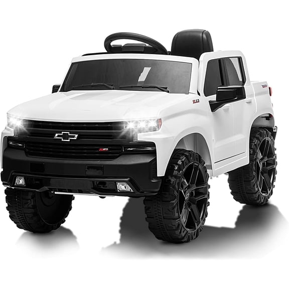 12V Chevrolet Silverado Ride-On Truck, Licensed Utility Electric Vehicle with Remote Control,MP3/Wireless, 4-Wheel Suspension, Battery Powered Outdoor Toy with Storage, for Ages 3-8,White