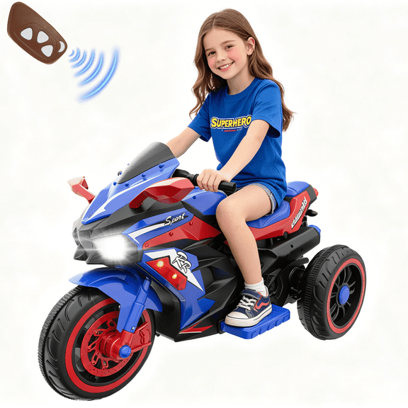 HNH 12V Kids Motorcycle with Remote Control, Electric Dirt Bike, Powered Ride ons Toys with LED Lights, Bluetooth Music