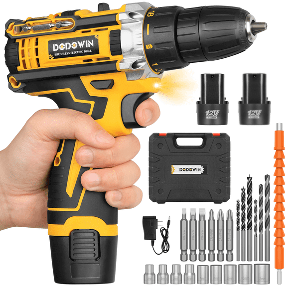 12V Cordless Brushless Drill Set With 2 Batteries, Charger, Tool Case, Drill Bits, Socket Accessories & Flexible Extension, Compact Drill Driver For Home DIY, Furniture Assembly And Repair