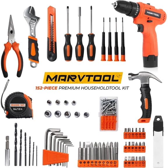 12V Cordless Drill, 152 Piece Basic Home Repair Power Tool Set for Home, Household Drill Set with Storage Case, 12-inch Portable Hand Toolbox for Homeowner, DIY, Handyman, Garage, Office & Dorm