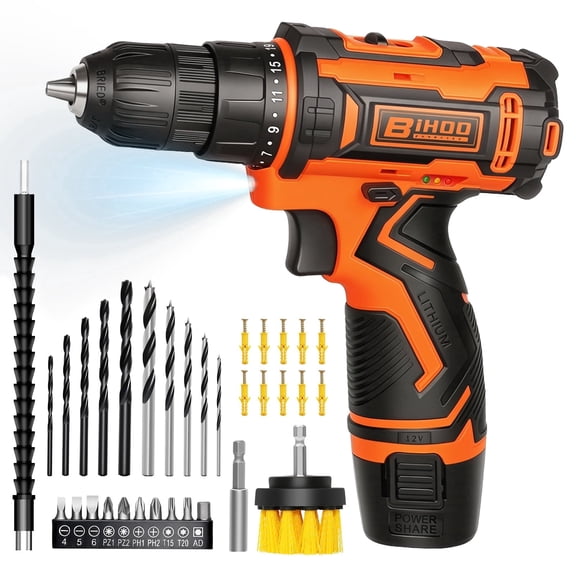 12V Cordless Drill Driver Set,43pcs 3/8"Keyless Chuck Battery Drill Bits Kit,2 Variable Speed for Home DIY Work,Orange