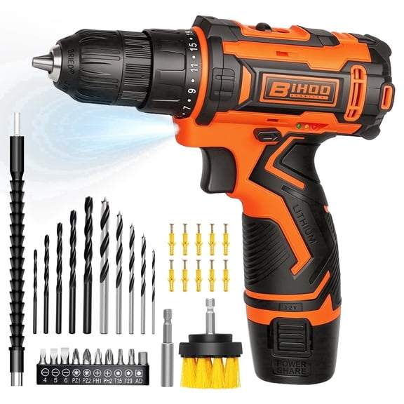 12V Cordless Drill Driver Set,43pcs 3/8"Keyless Chuck Battery Drill Bits Kit,2 Variable Speed for Home DIY Work,Orange