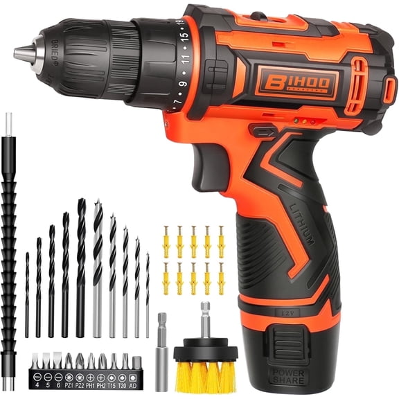 12V Cordless Drill Driver Set,43pcs 3/8"Keyless Chuck Battery Drill Bits Kit,2 Variable Speed for Home DIY Work,Orange