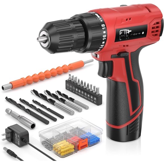 12V Cordless Drill Set with & Charger, Electric Power Drill with Pure Copper , 180 In-lbs Torque, 18+1 Clutch, 3/8" Keyless Chuck, LED Light, Drill Kit for Repair, DIY(RED)