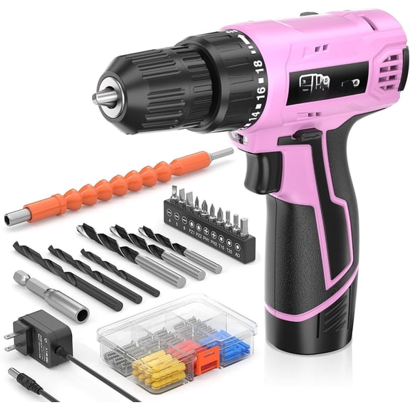 12V Cordless Drill Set with & Charger, Electric Power Drill with Pure Copper , 180 In-lbs Torque, 18+1 Clutch, 3/8" Keyless Chuck, LED Light, Drill Kit for Repair, DIY()