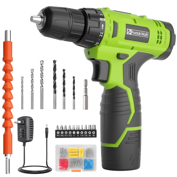 12V Cordless Drill Set, 650 RPM Power Electric Drill set with 21+1 Settings, Battery, Charger & 30+ Drill Bits, 3/8" Keyless Chuck with LED Light for Home DIY (Green)