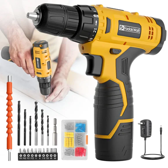 Fadakwalt 12V Cordless Drill Driver, 650RPM, 3/8" Keyless Chuck, 21+1 Clutch, Battery, 30+ Bits, LED Light, Yellow