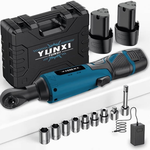 YUNXI 12V Cordless Ratchet Wrench, 3/8" Drive Right Angle Power Ratchet with 2 Batteries, Fast Charger, Tool Box for Auto Repair Home DIY