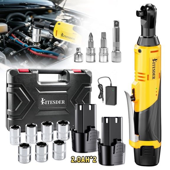 12V Cordless Electric Ratchet Wrench Set, 3/8 Inch 40 Ft-lbs High Torque Brushless Motor, Right Angle Design with Sockets and Tool Case for Car Repair Home Renovation