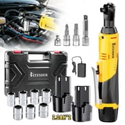 12V Cordless Electric Ratchet Wrench Set, 3/8 Inch 40 Ft-lbs High Torque Brushless Motor, Right Angle Design with Sockets and Tool Case for Car Repair Home Renovation