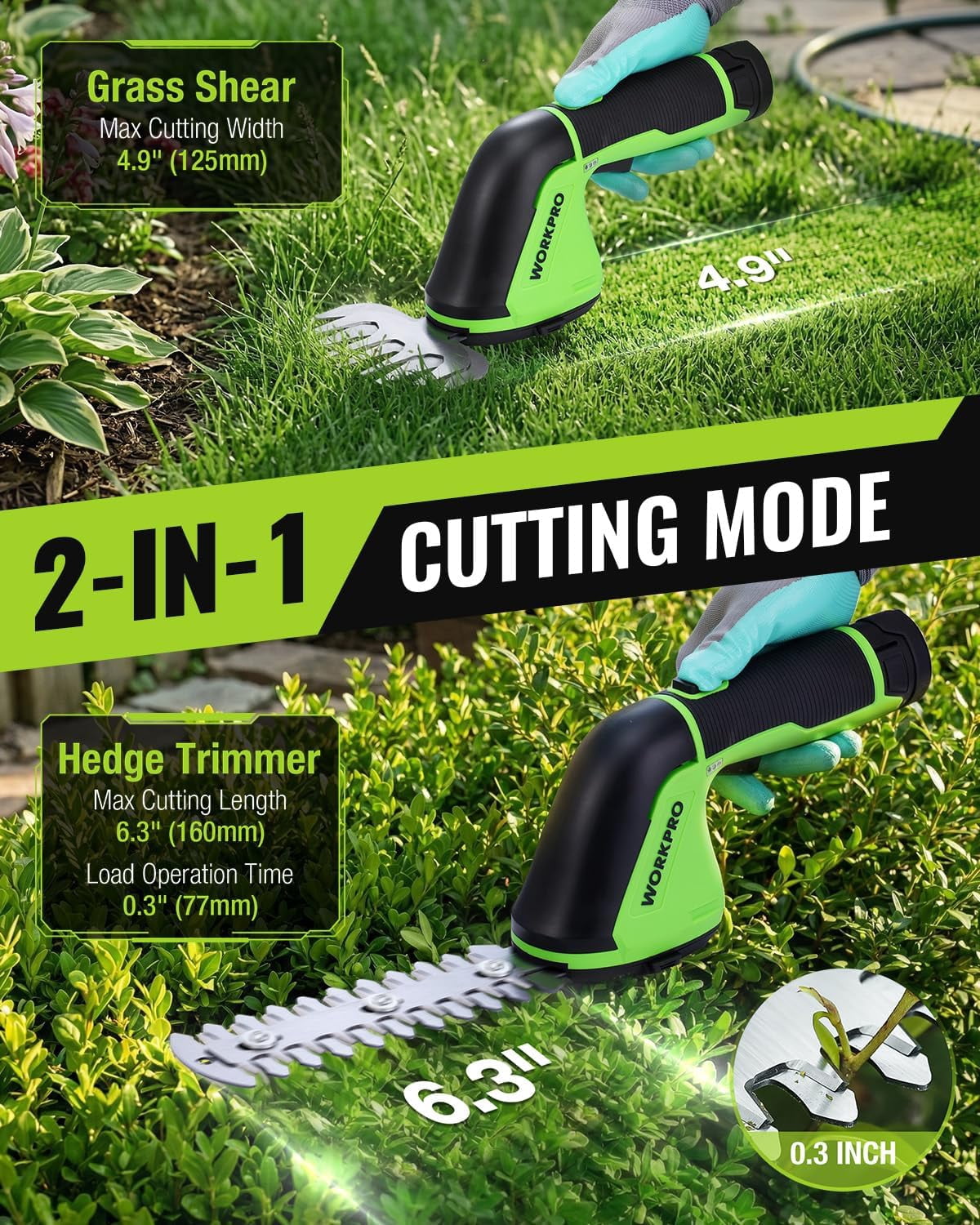 12V Cordless Grass Shear, 2-in-1 Electric Hedge Trimmer & Grass Cutter with 2.0Ah Battery