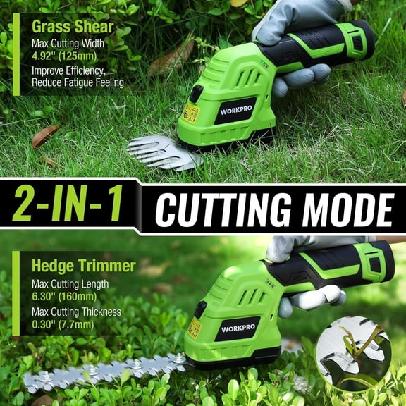 12V Cordless Grass Shear & Shrubbery Trimmer - 2 in 1 Handheld Hedge Trimmer, Electric Grass Cutter with 2.0Ah Rechargeable Lithium-Ion Battery & 1 Hour Fast Charger