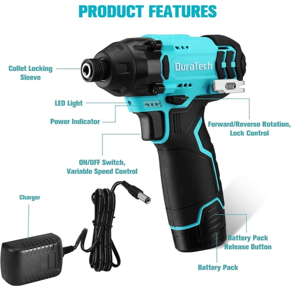 12V Cordless Impact Driver with Variable Speed, LED Light & 14 Bits Kit for Home  and Professional Use