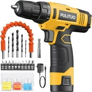 PULITUO 12V Cordless Power Drill Set with Battery and Charger, 3/8" Keyless Chuck, 21+1 Torque Settings, Built-in LED Light, Compact Electric Drill Kit for Home Improvement and DIY Projects(yellow)
