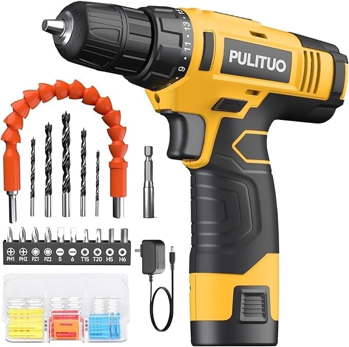 PULITUO 12V Cordless Power Drill Set with Battery and Charger, 3/8" Keyless Chuck, 21+1 Torque Settings, Built-in LED Light, Compact Electric Drill Kit for Home Improvement and DIY Projects(yellow)