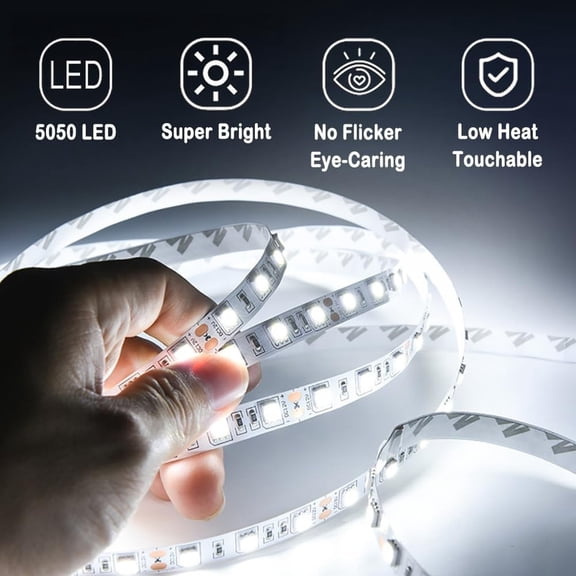 12V DC 5050 SMD LED Light Strip, 16.4ft 300 LEDs Cool White 6000K Flexible Indoor Decor Lighting, Non-Waterproof